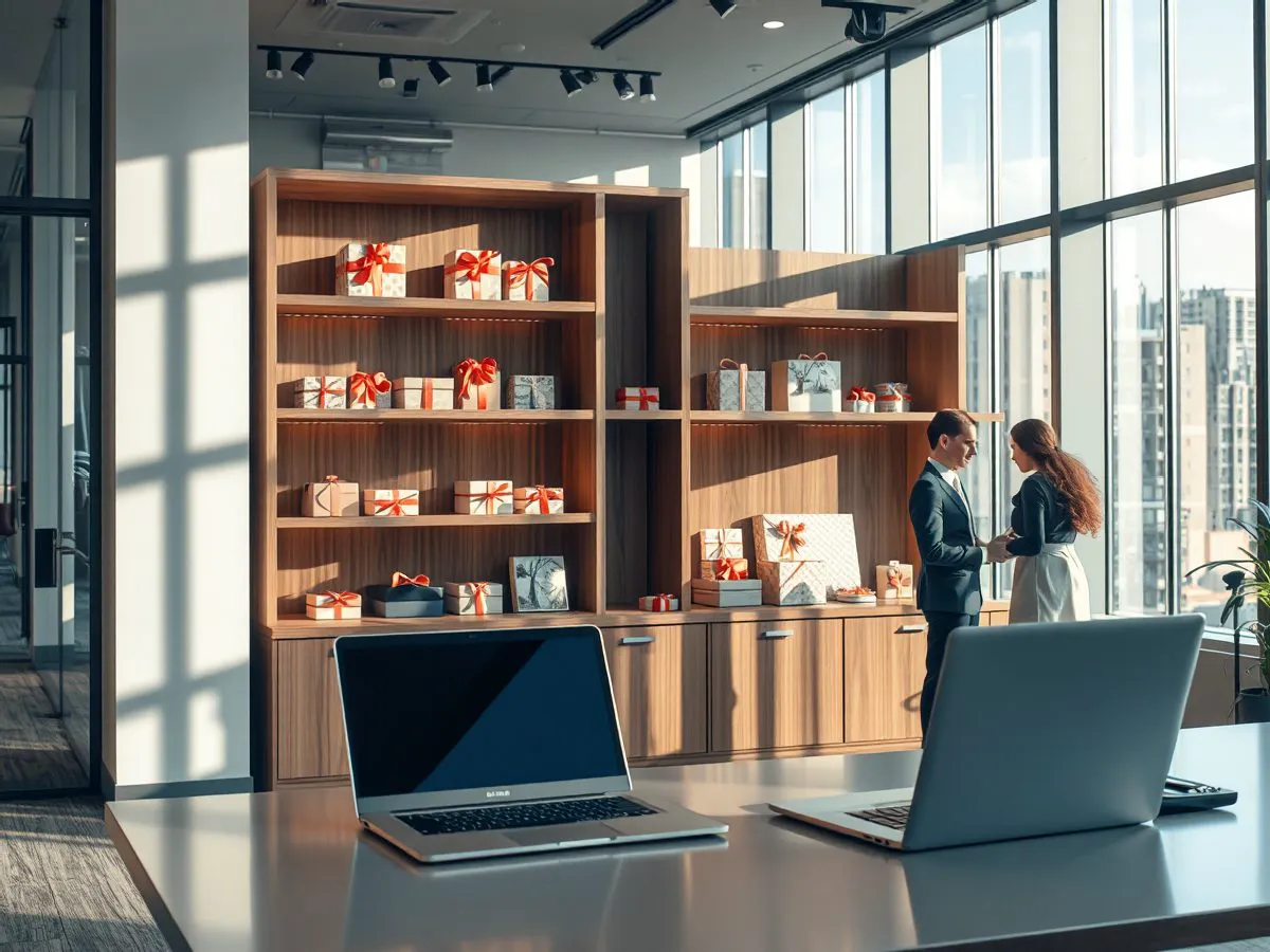 准英公司办公环境，展示精美礼品样品与专业服务场景