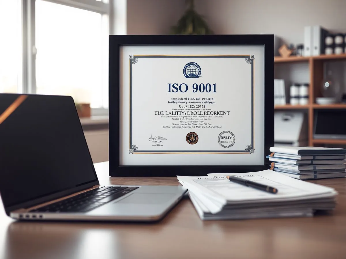 ISO 9001质量管理体系认证证书摆放在办公桌上，旁边有笔记本电脑和质量报告