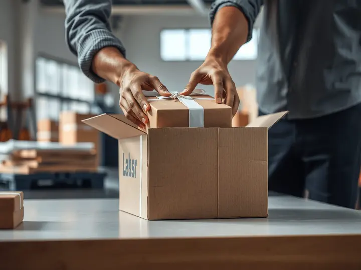 工人正在将礼品盒装入快递箱并添加保护填充物